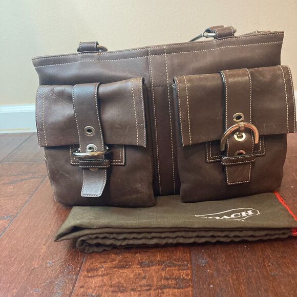 Coach Vintage Brown Thick Leather Front Buckle Pockets Satchel Tote Shoulder Bag - Picture 1 of 16